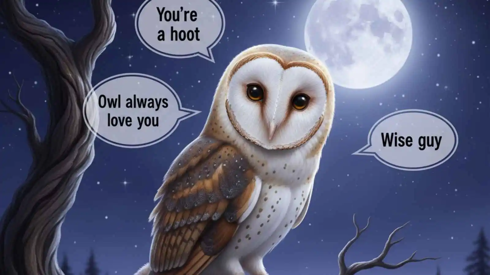 Wise-looking barn owl on a moonlit branch with hilarious original puns floating in speech bubbles.