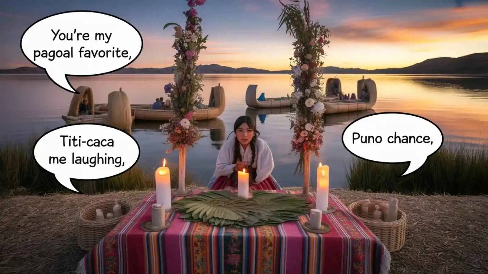 Sacred sunrise ceremony on Lake Titicaca with floating islands and hilarious original puns floating in speech bubbles.