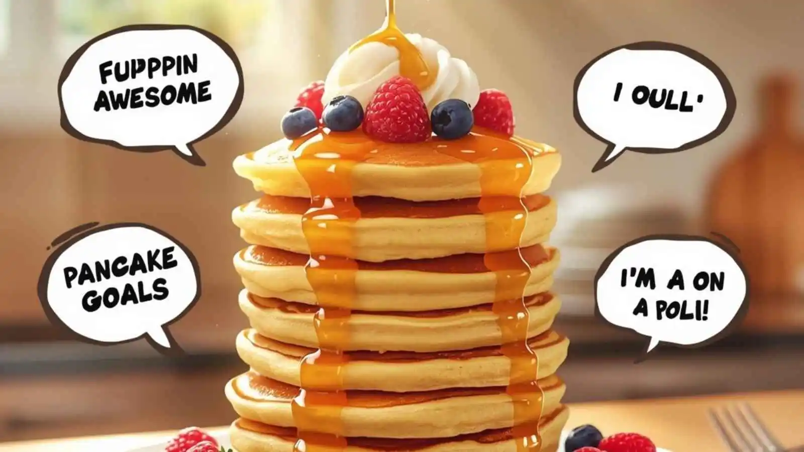 Towering pancake stack with syrup and berries and hilarious original puns floating in speech bubbles.