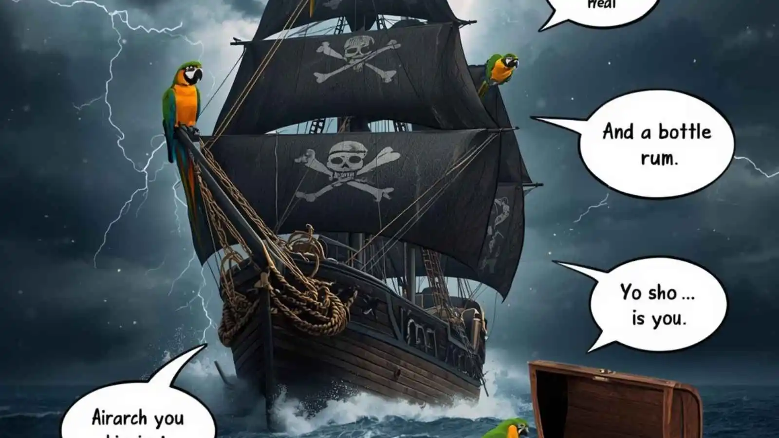 Classic pirate ship in stormy seas with hilarious original puns floating in speech bubbles.