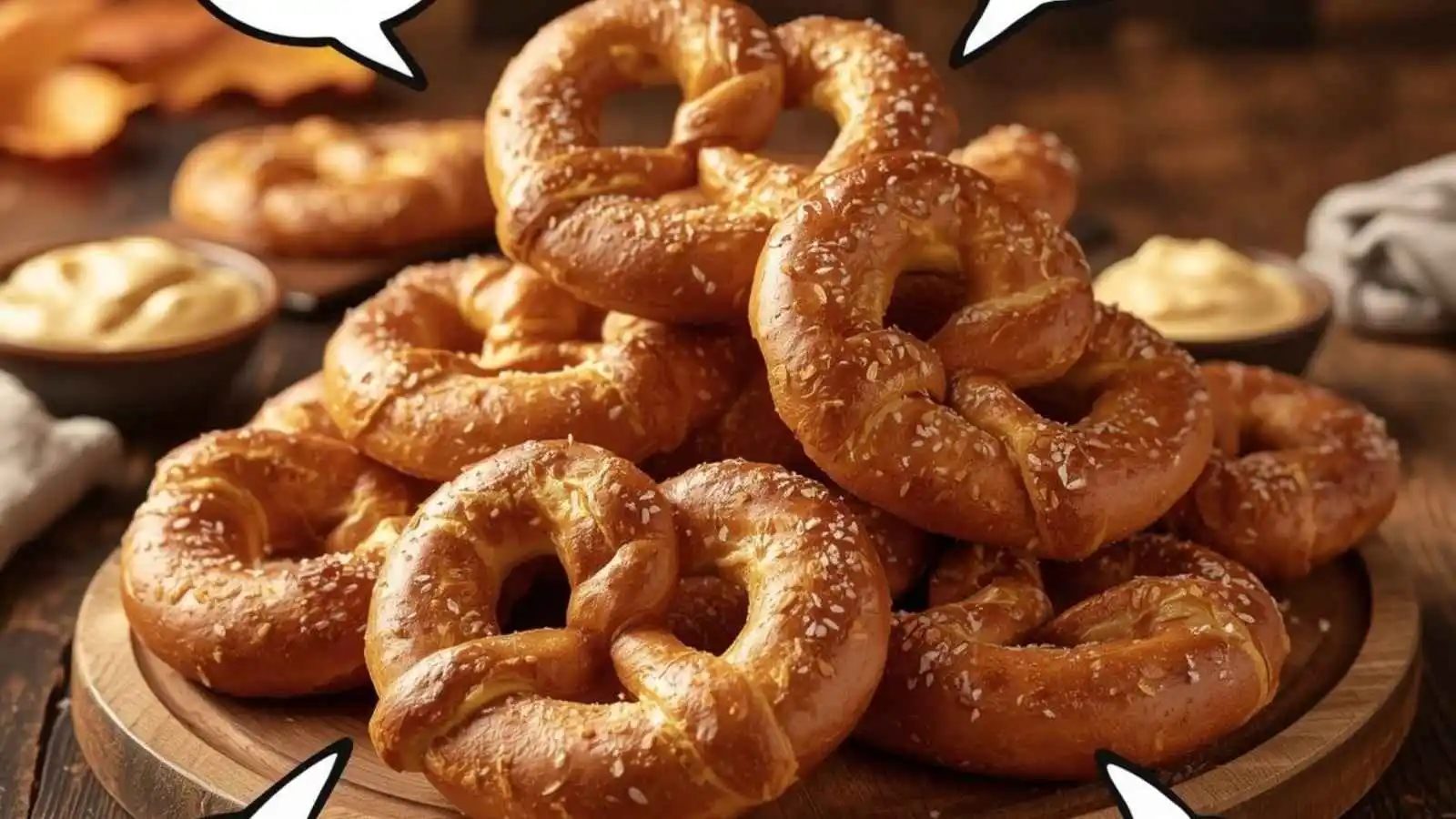 Freshly baked soft pretzels with coarse salt and hilarious original puns floating in speech bubbles.