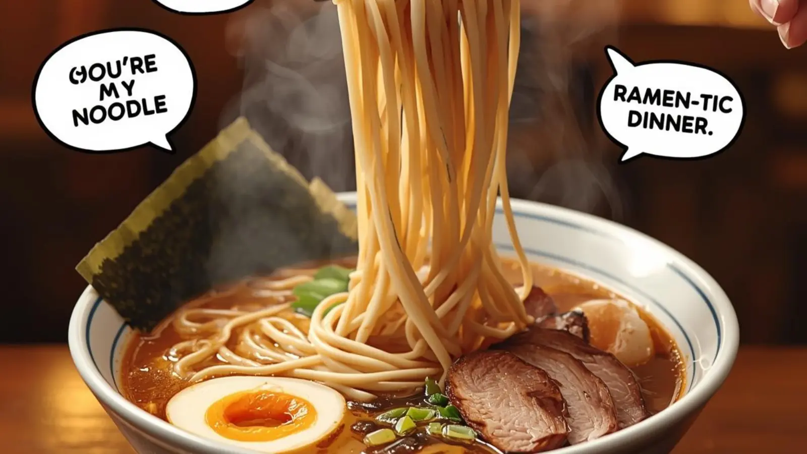 Steamy bowl of tonkotsu ramen with noodles being lifted by chopsticks and funny original puns floating in speech bubbles.