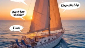 Elegant sailboat on shimmering water with hilarious original sailing puns floating in speech bubbles.