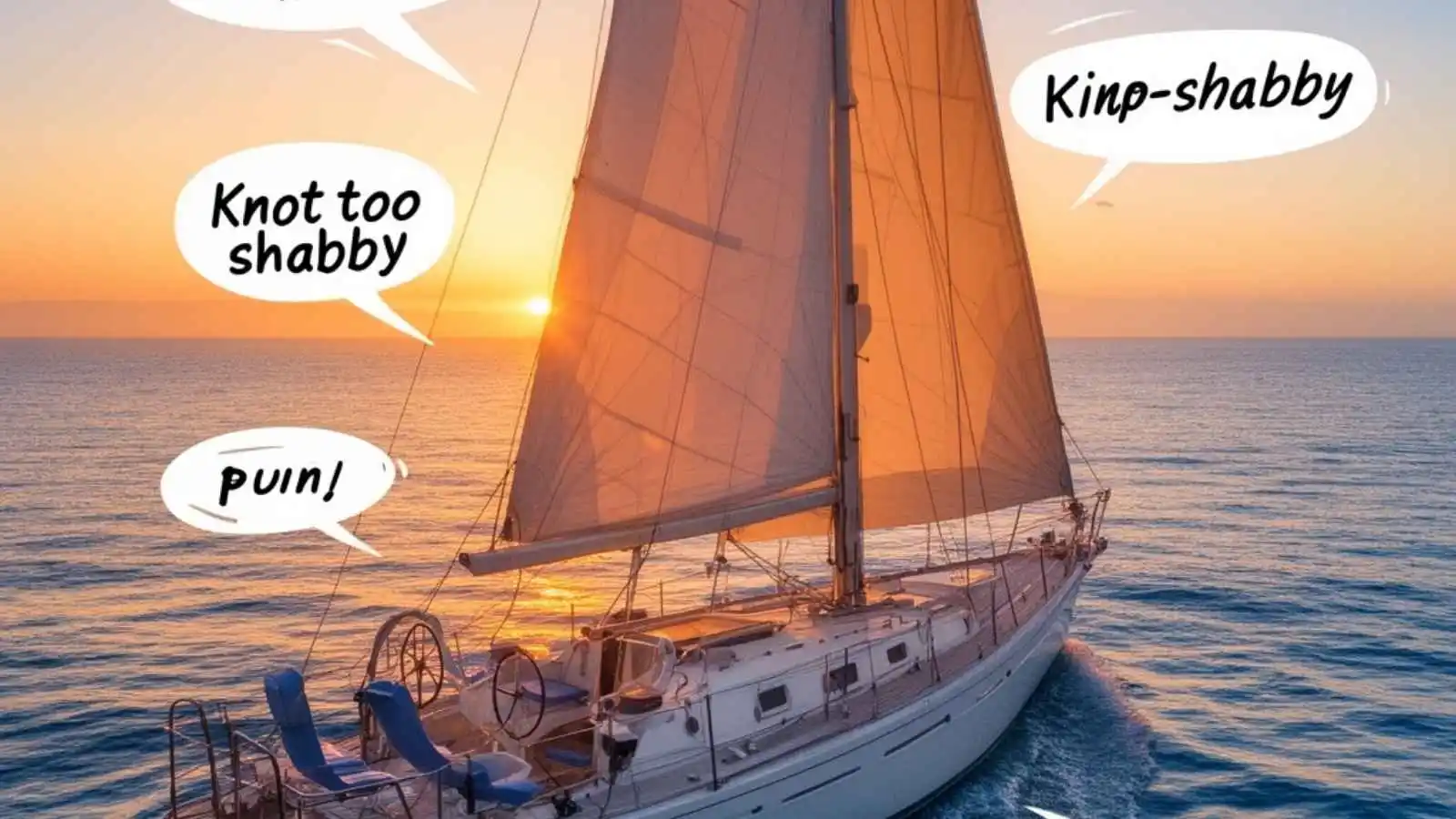 Elegant sailboat on shimmering water with hilarious original sailing puns floating in speech bubbles.