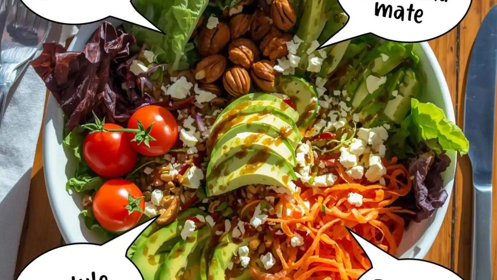 Fresh colorful salad bowl with hilarious original puns floating in speech bubbles.