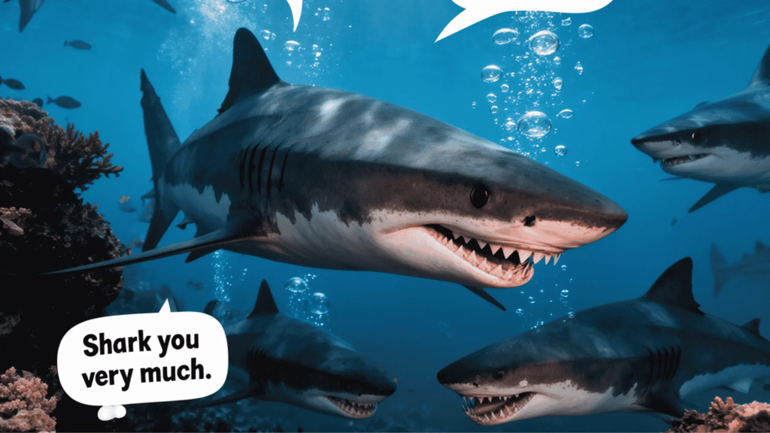 Majestic sharks gliding through the ocean with hilarious original puns floating in speech bubbles.