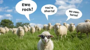 Adorable fluffy sheep in a meadow with hilarious original puns floating in speech bubbles.