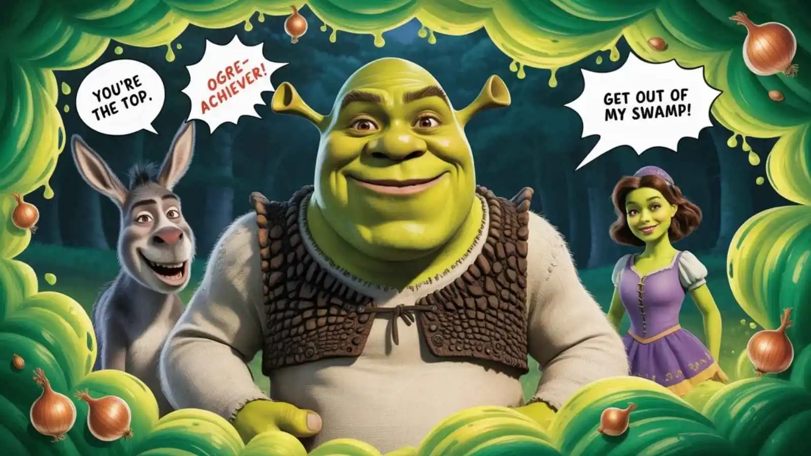 Shrek, Donkey and Fiona in the swamp with hilarious original puns floating in speech bubbles.