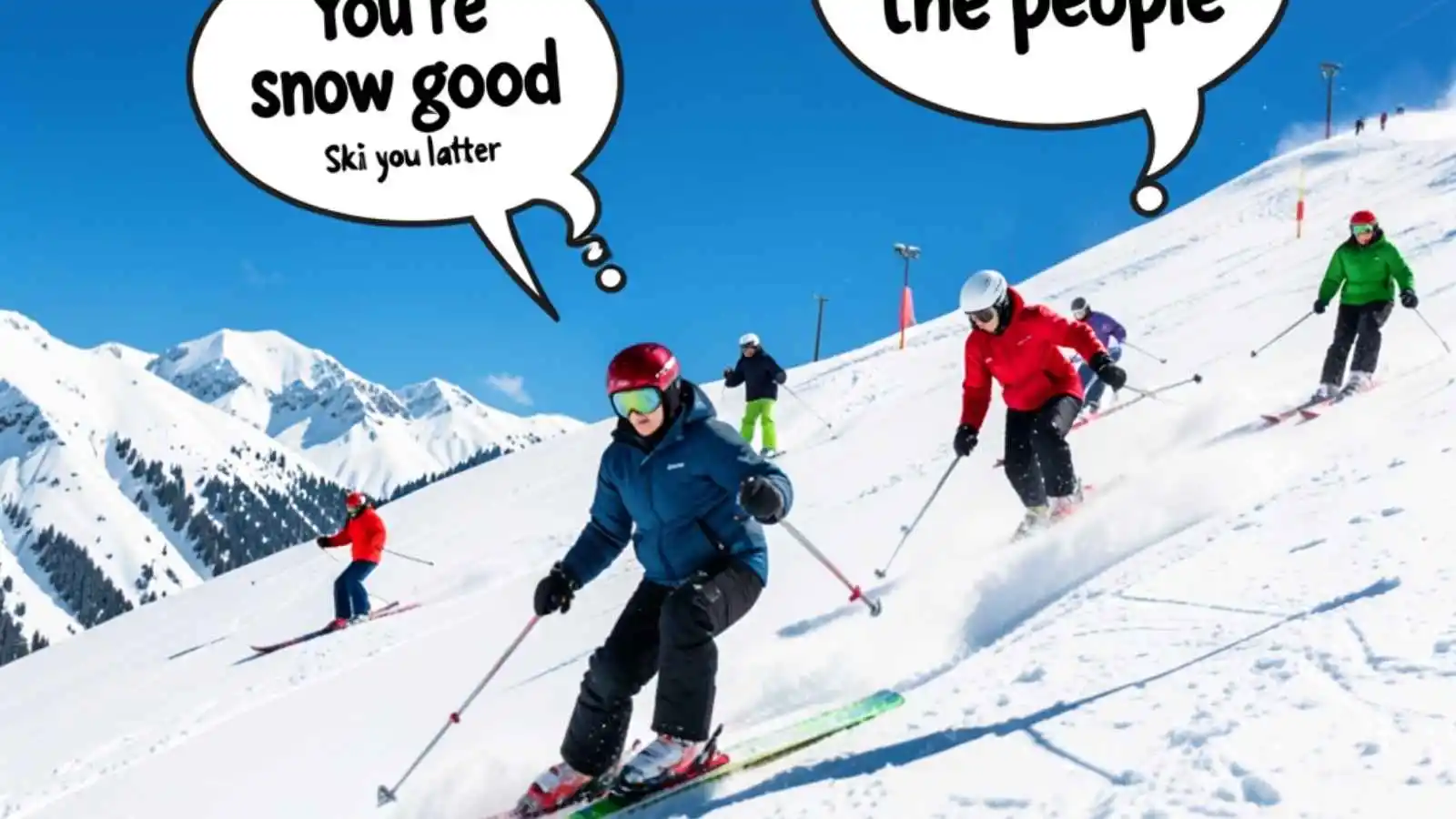 Skiers racing down a sunny slope with hilarious original puns floating in speech bubbles.