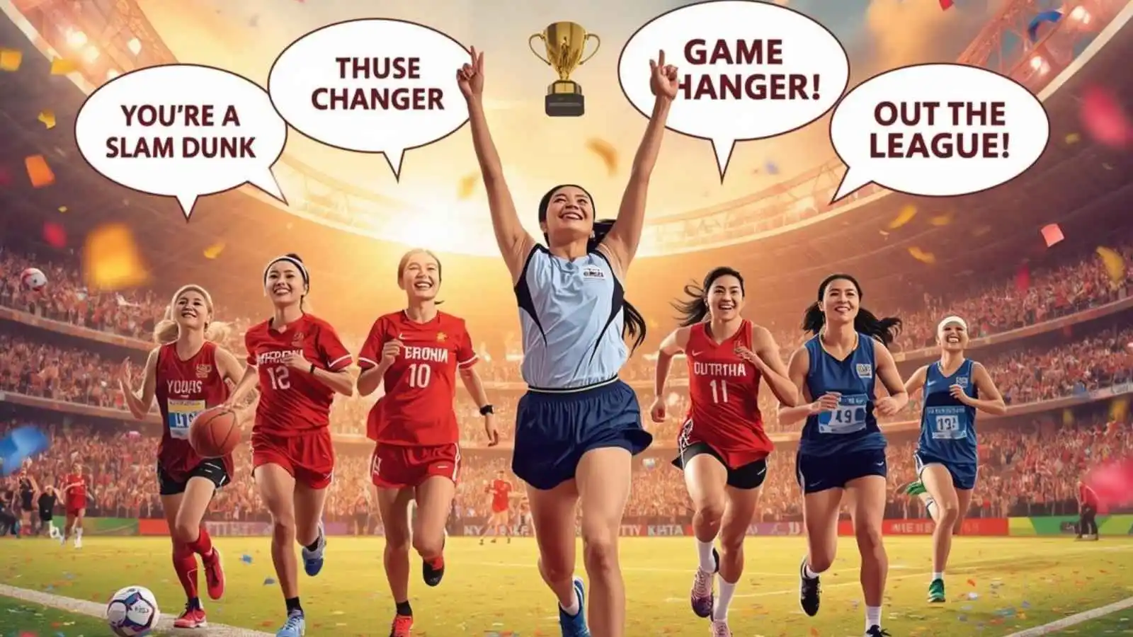 Athletes celebrating victory with hilarious original sports puns floating in speech bubbles.