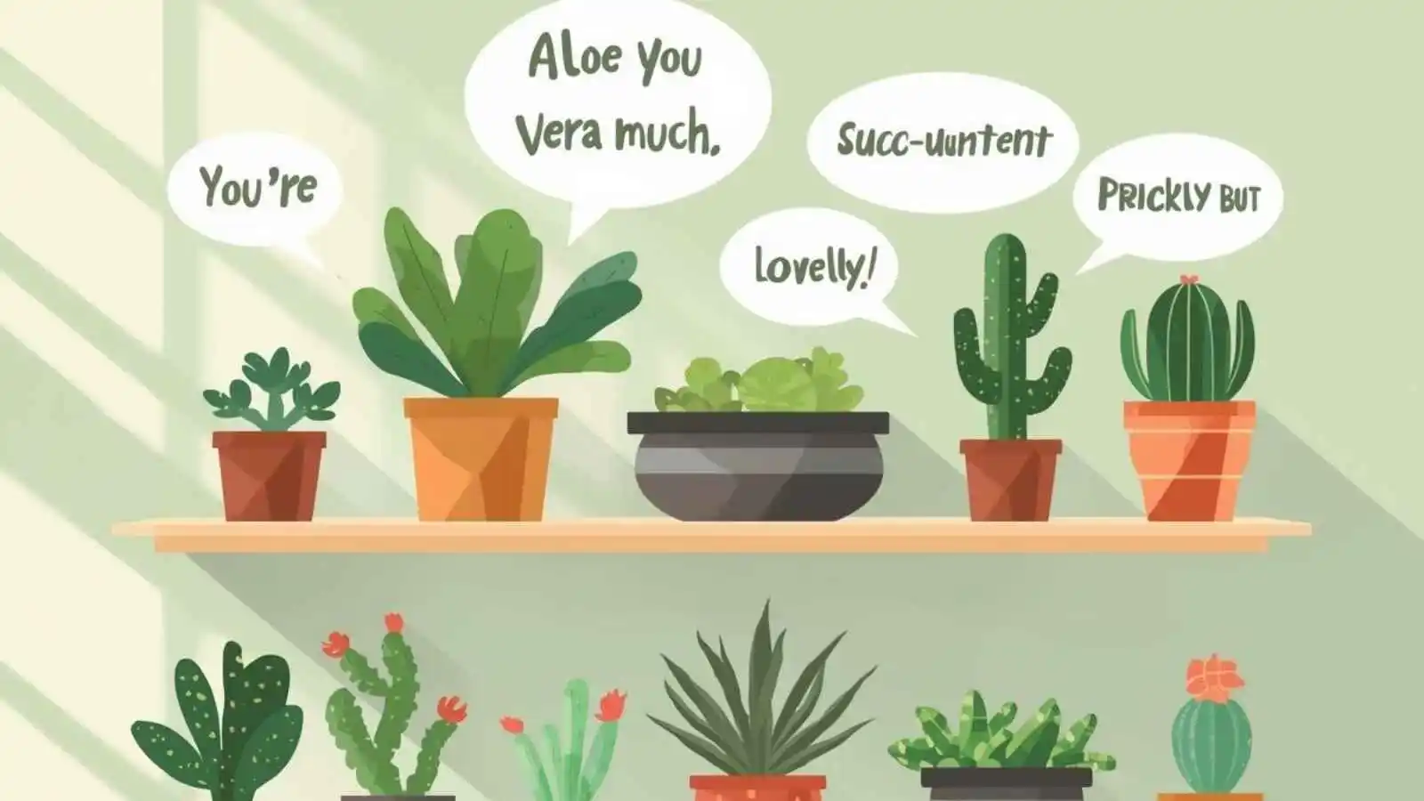 Collection of adorable succulents and cacti in cute pots with funny original puns floating in speech bubbles.
