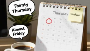 Thursday calendar page and coffee mug with hilarious original puns floating in speech bubbles.