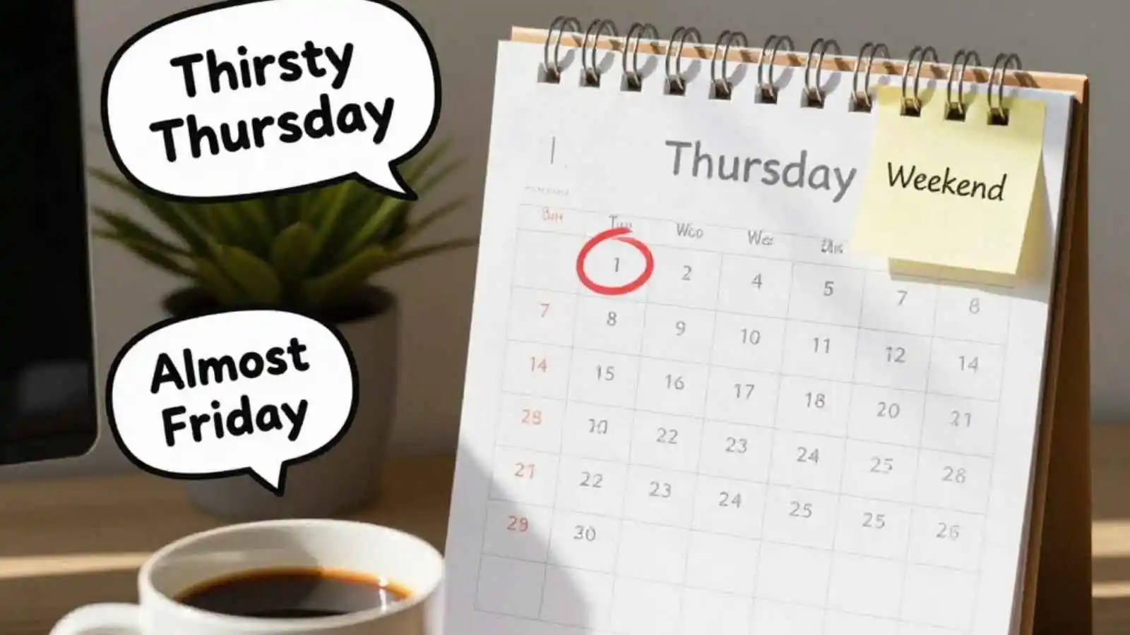 Thursday calendar page and coffee mug with hilarious original puns floating in speech bubbles.