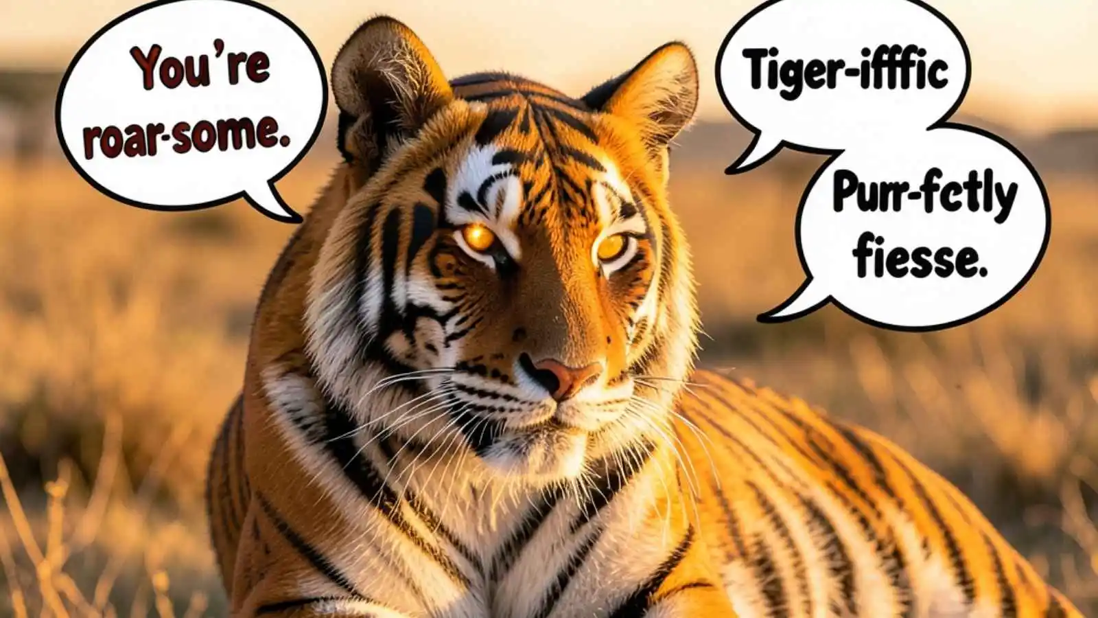 Powerful tiger with intense eyes and funny original puns floating in speech bubbles.