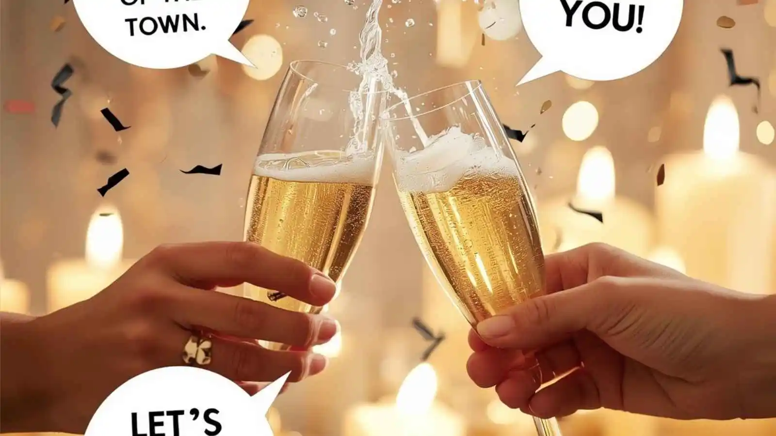 Champagne glasses clinking with hilarious original toast puns floating in speech bubbles.