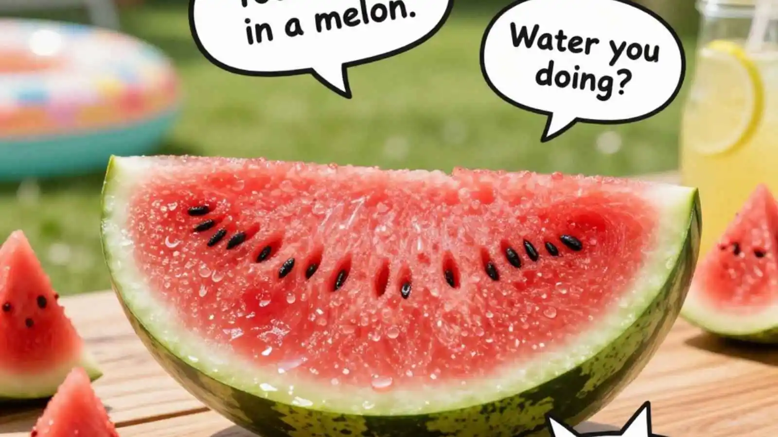 Freshly sliced watermelon with juice dripping and hilarious original puns floating in speech bubbles.