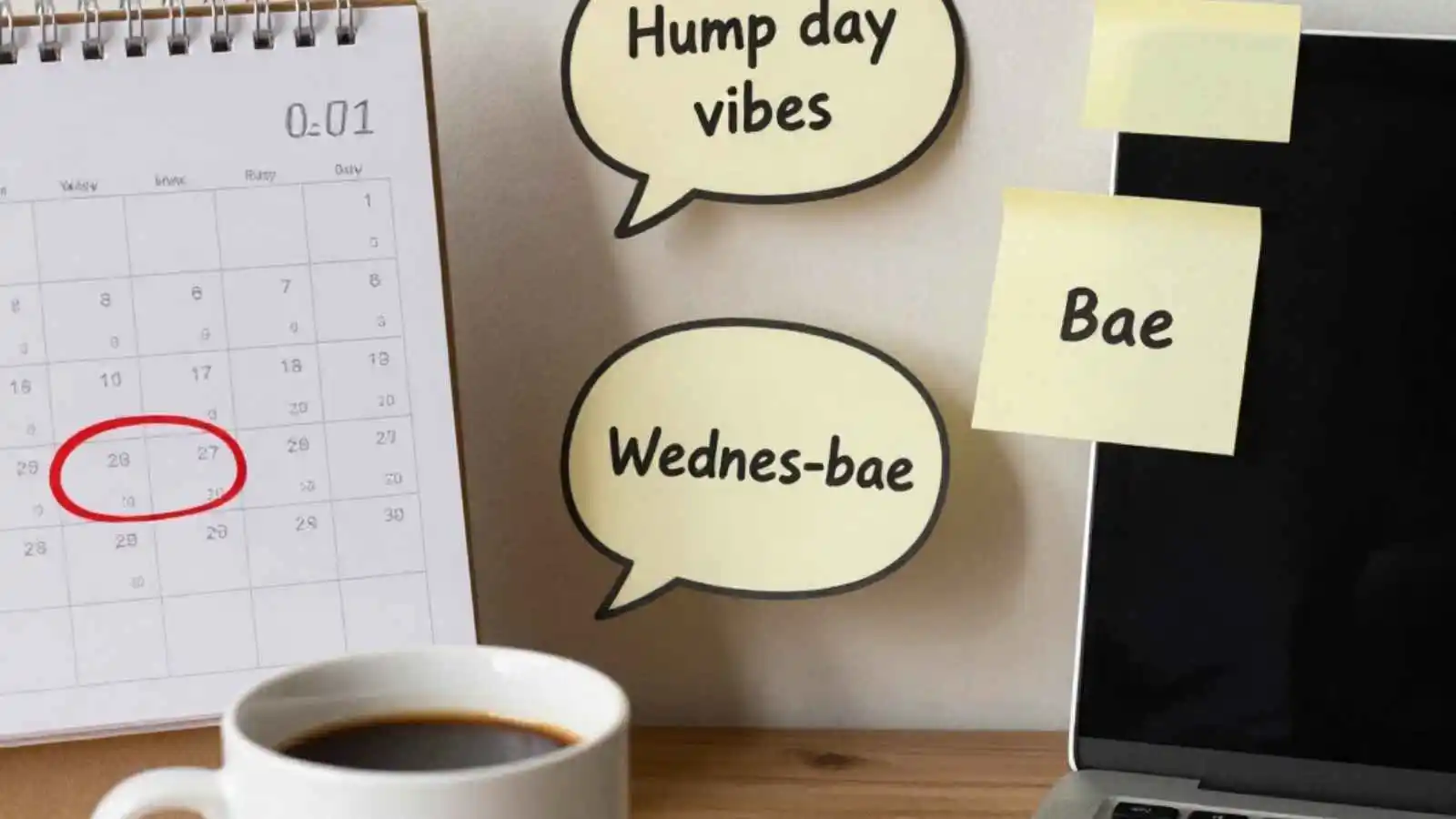 Calendar open to Wednesday with coffee and funny puns floating in speech bubbles.