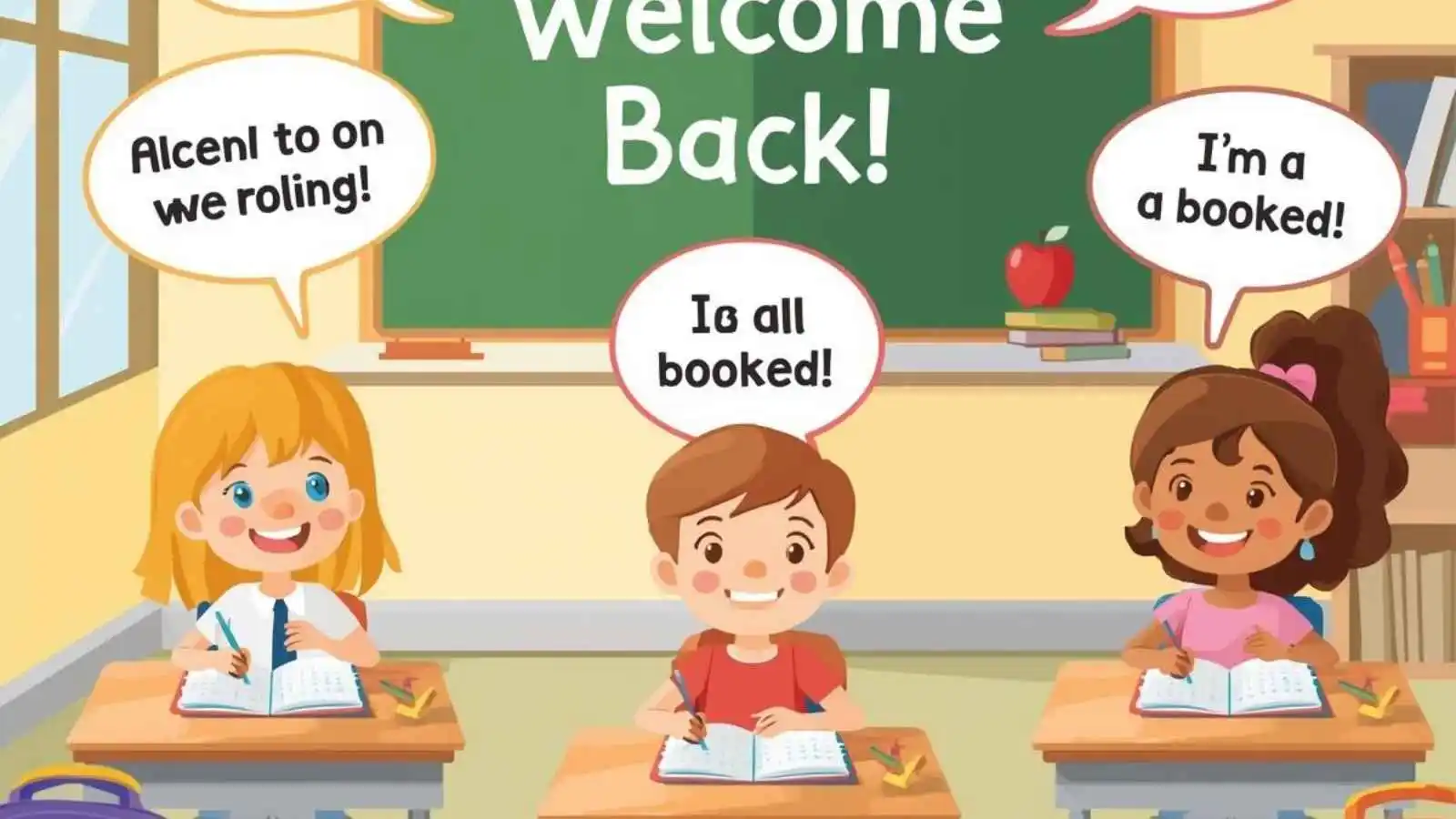 Happy kids in a colorful classroom with hilarious original back-to-school puns floating in speech bubbles.