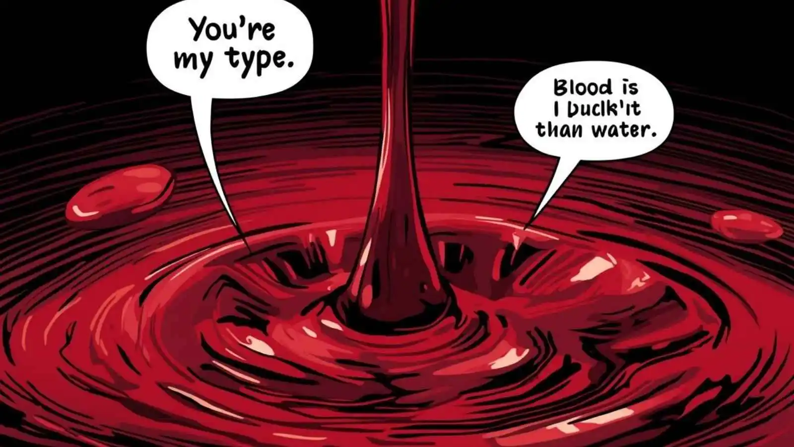 Crimson blood drops splashing with hilarious original puns floating in speech bubbles.