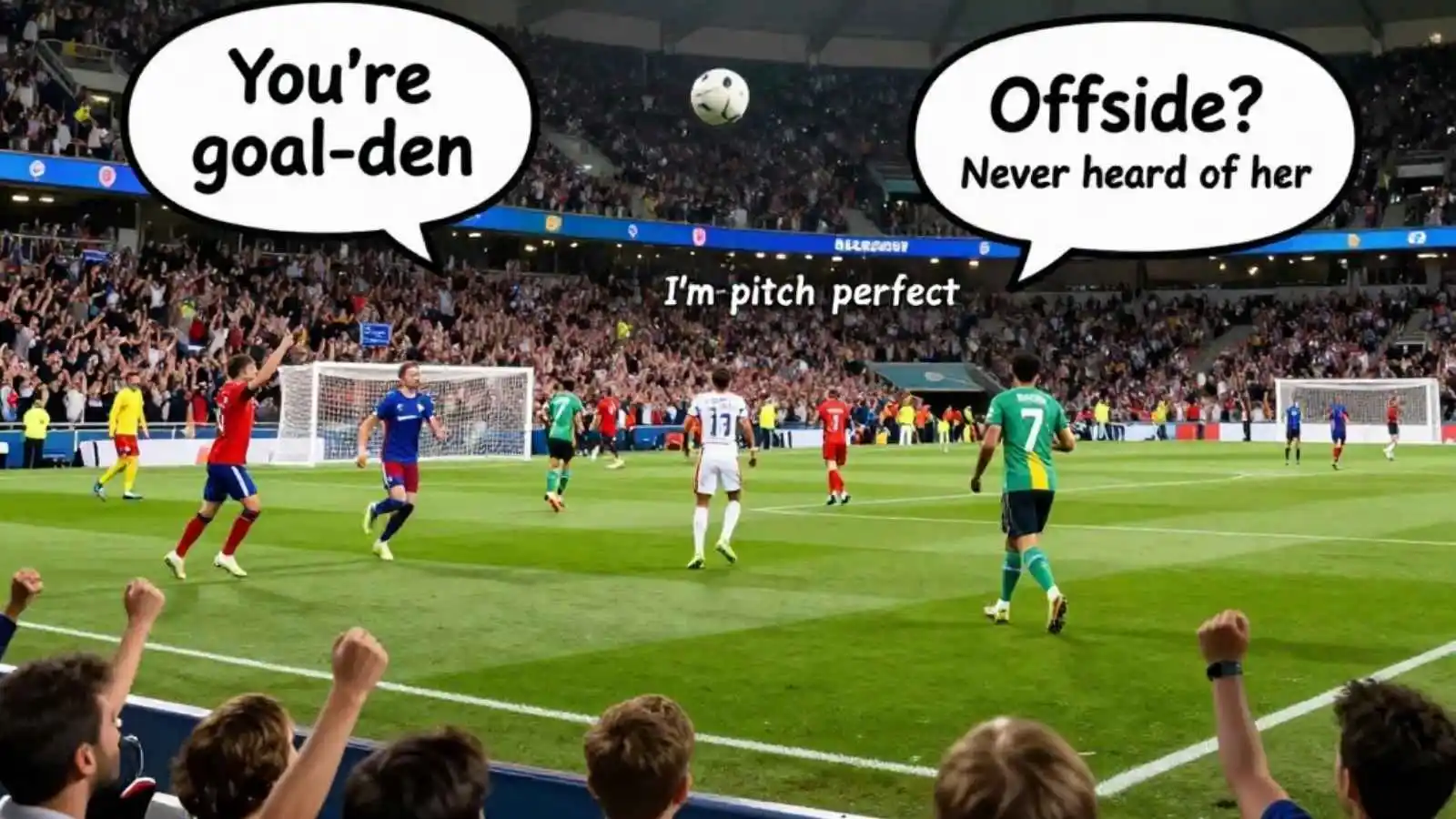 Football stadium under floodlights with players celebrating and hilarious original puns floating in speech bubbles.