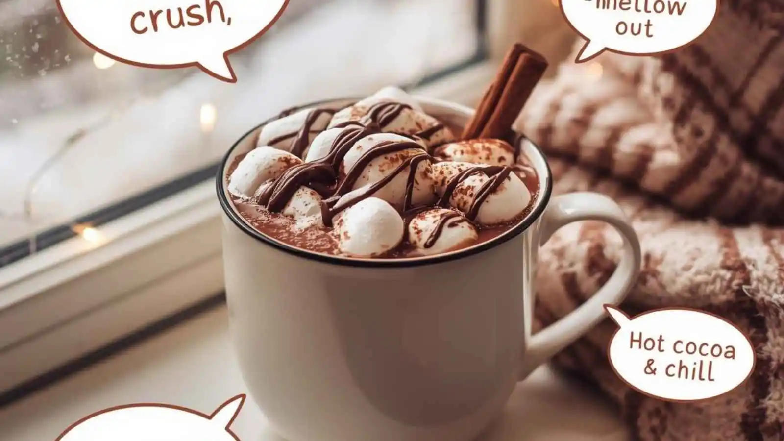 Steamy mug of hot cocoa with marshmallows and hilarious original puns floating in speech bubbles.