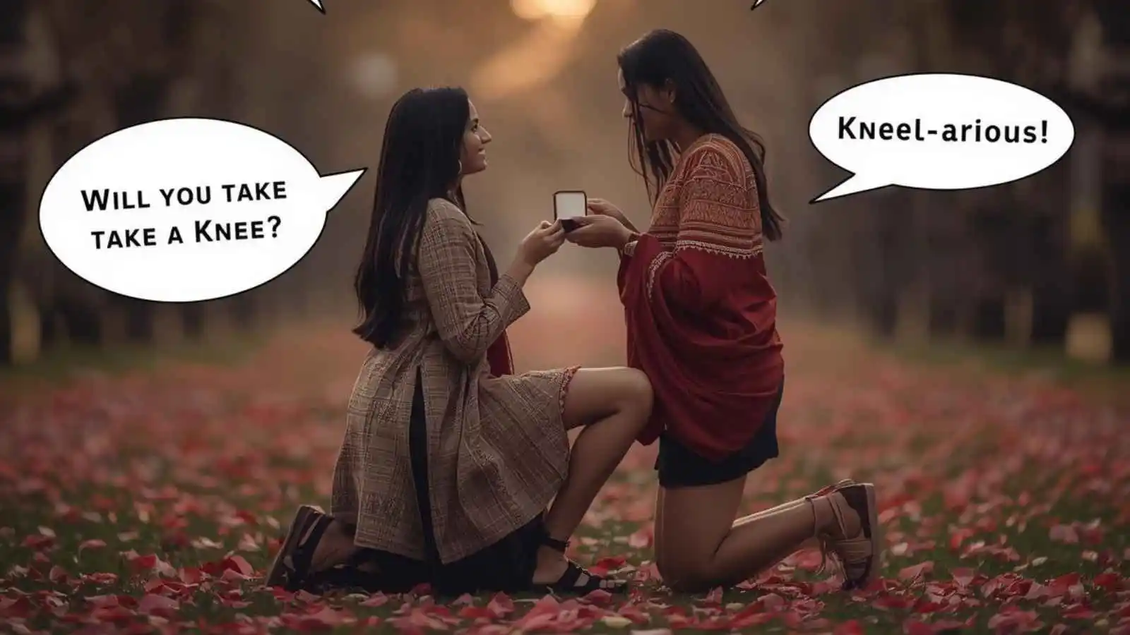 Romantic kneeling proposal scene with hilarious original puns floating in speech bubbles.