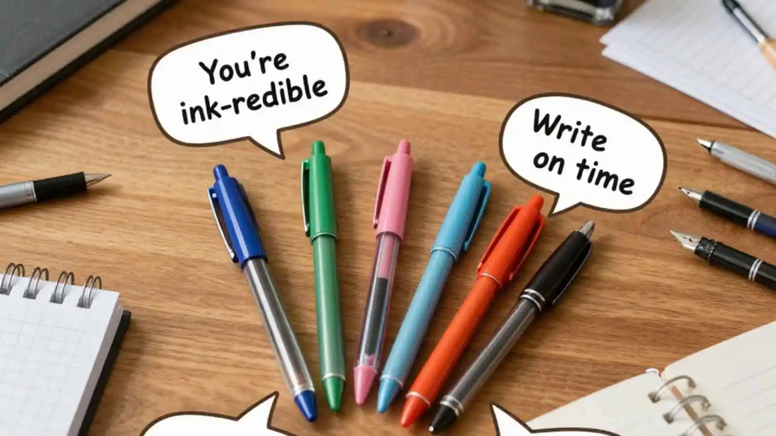 Beautiful assortment of pens and notebooks with hilarious original puns floating in speech bubbles.