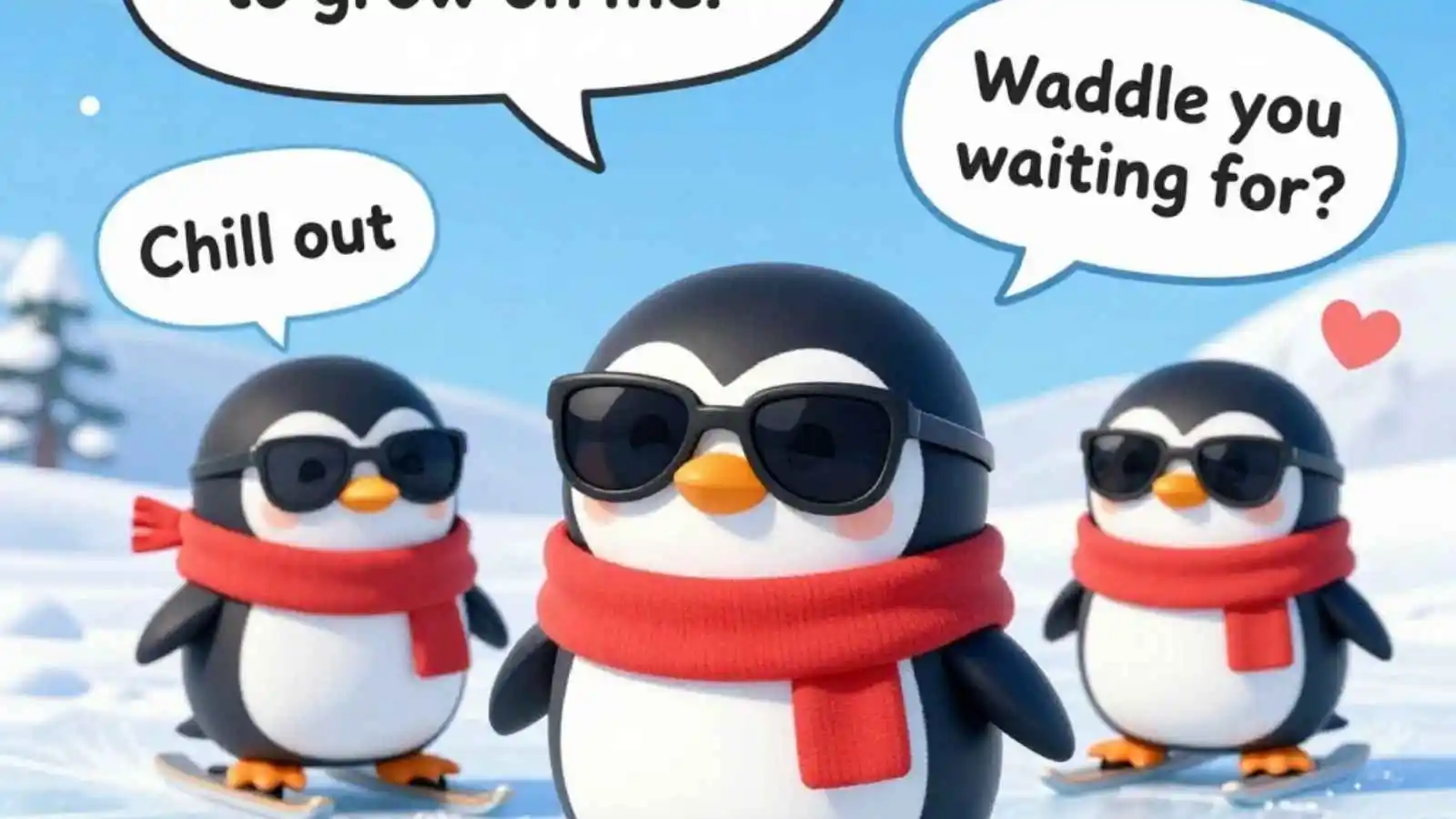 Cute penguins sliding and posing with hilarious original puns floating in speech bubbles.