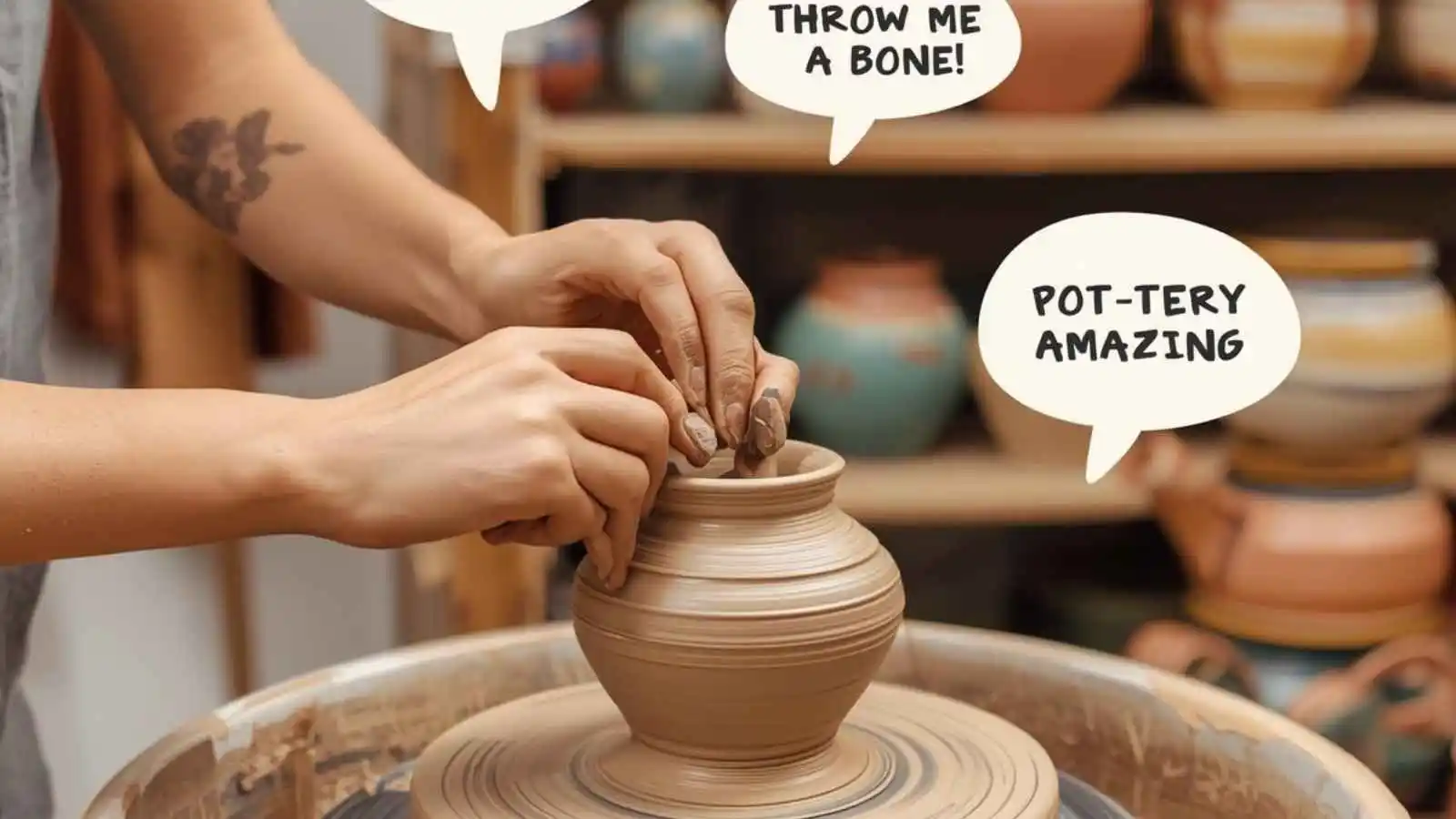 Potter shaping clay on a wheel with hilarious original pottery puns floating in speech bubbles.