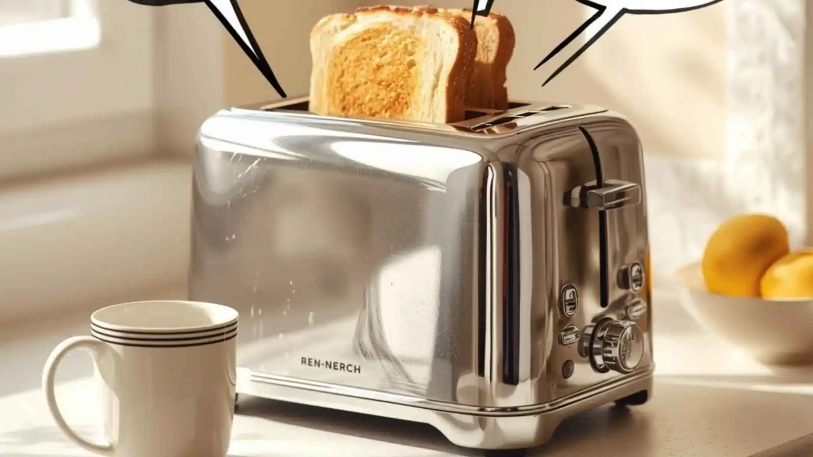 Classic toaster with golden toast popping up and hilarious original puns floating in speech bubbles.
