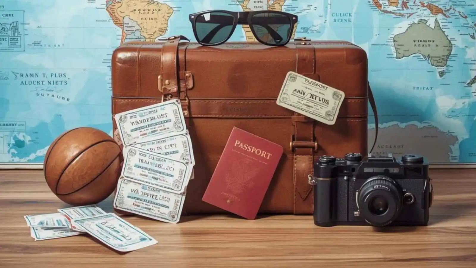 Open suitcase filled with travel items and hilarious original puns floating in speech bubbles.