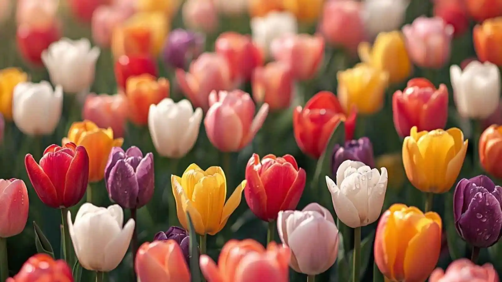 Colorful tulip field in full bloom with hilarious original puns floating in speech bubbles.